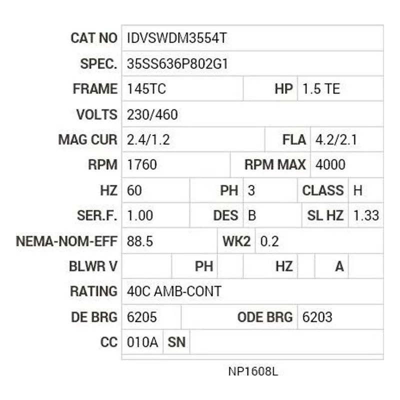 IDVSWDM3554T Baldor 1.5 HP, 1760 RPM, 3 PH, 60 HZ, 145TC, 3533M, TEFC Motor Nameplate - view 2