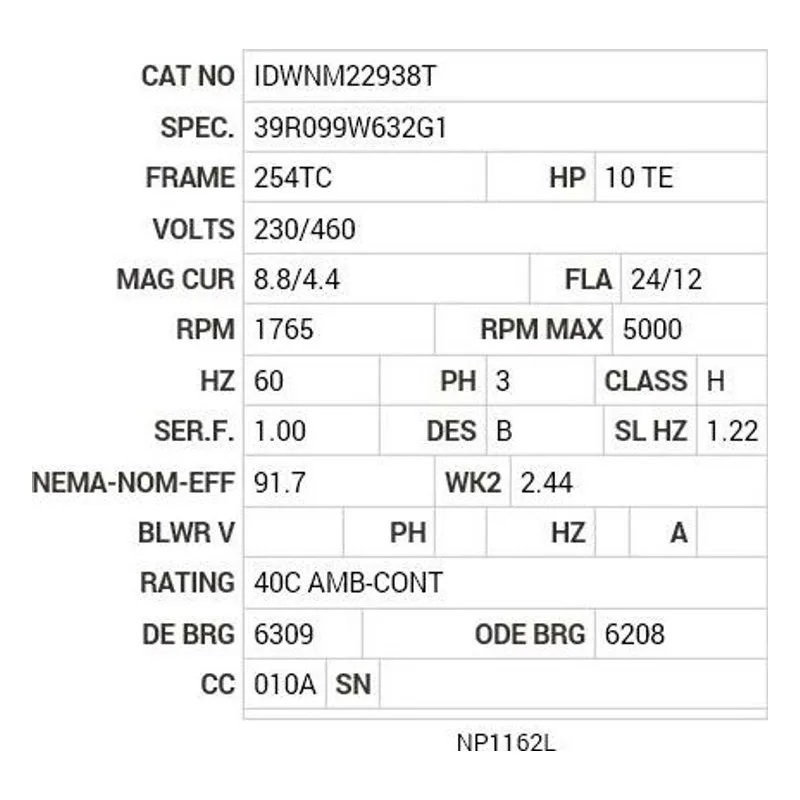 IDWNM22938T Baldor 10 HP, 1765 RPM, 3 PH, 60 HZ, 254TC, 3956M, TENV Motor Nameplate - view 2