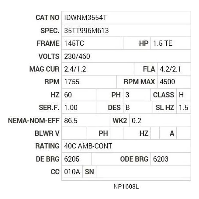 IDWNM3554T Baldor 1.5 HP, 1755 RPM, 3 PH, 60 HZ, 145TC, 3533M, TENV Motor Nameplate - view 2