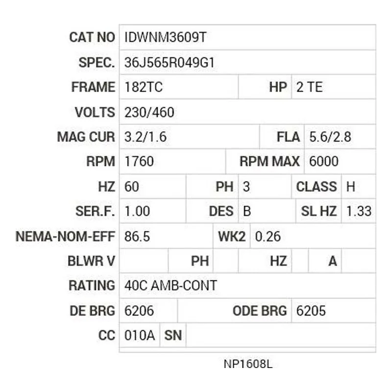 IDWNM3609T Baldor 2 HP, 1760 RPM, 3 PH, 60 HZ, 182TC, 3628M, TENV, F1 Motor Nameplate - view 2