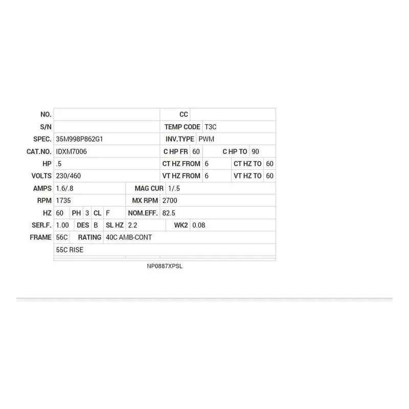 IDXM7006 Baldor .5 HP, 1735 RPM, 3 PH, 60 HZ, 56C, 3513M, XPFC, F1 Motor Nameplate - view 2