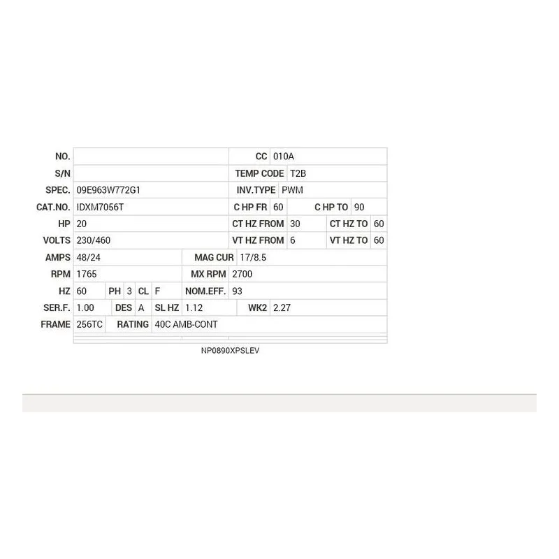 IDXM7056T Baldor 20 HP, 1765 RPM, 3 PH, 60 HZ, 256TC, 0952M, XPFC, F Motor Nameplate - view 2