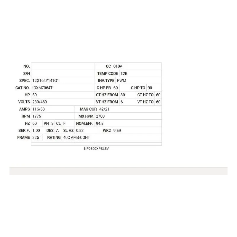 IDXM7064T Baldor 50 HP, 1775 RPM, 3 PH, 60 HZ, 326T, 1272M, XPFC, F1 Motor Nameplate - view 2