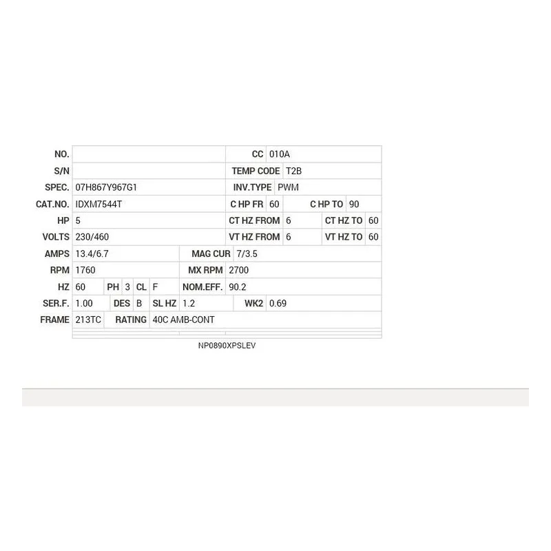 IDXM7544T Baldor 5 HP, 1760 RPM, 3 PH, 60 HZ, 213TC, 0728M, XPFC, F1 Motor Nameplate - view 2