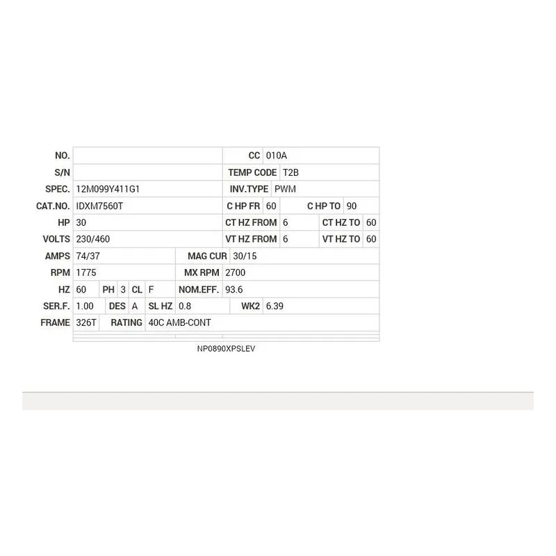 IDXM7560T Baldor 30 HP, 1775 RPM, 3 PH, 60 HZ, 326T, 1248M, XPFC, F1 Motor Nameplate - view 2