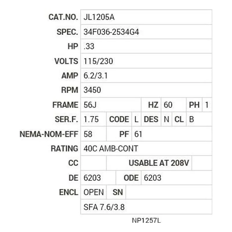 JL1205A Baldor .33 HP, 3450 RPM, 1 PH, 60 HZ, 56J, 3416L, OPEN, F1 Motor Nameplate - view 2
