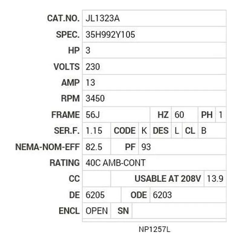 JL1323A Baldor 3 HP, 3450 RPM, 1 PH, 60 HZ, 56J, 3535LC, OPEN, F1 Motor Nameplate - view 2