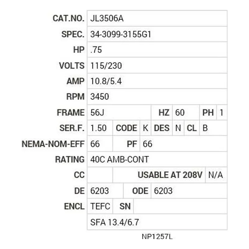 JL3506A Baldor .75 HP, 3450 RPM, 1 PH, 60 HZ, 56J, 3424L, TEFC, F1 Motor Nameplate - view 2