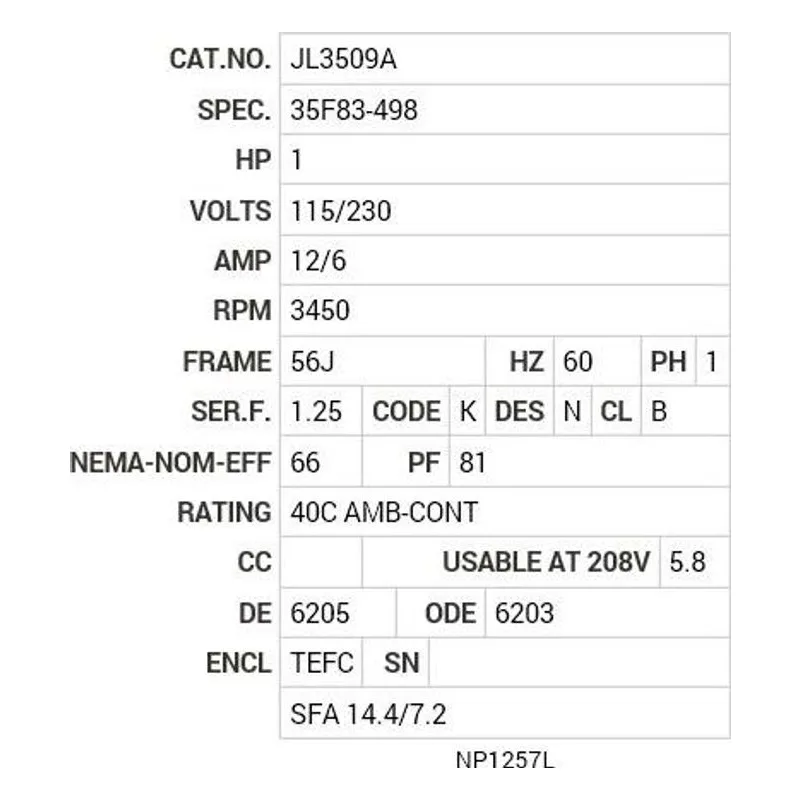 JL3509A Baldor 1 HP, 3450 RPM, 1 PH, 60 HZ, 56J, 3524L, TEFC, F1 Motor Nameplate - view 2