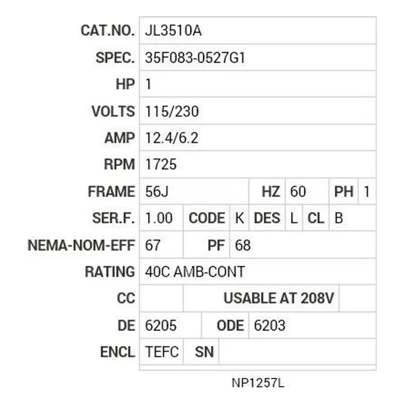 JL3510A Baldor 1 HP, 1725 RPM, 1 PH, 60 HZ, 56J, 3528L, TEFC, F1 Motor Nameplate - view 2