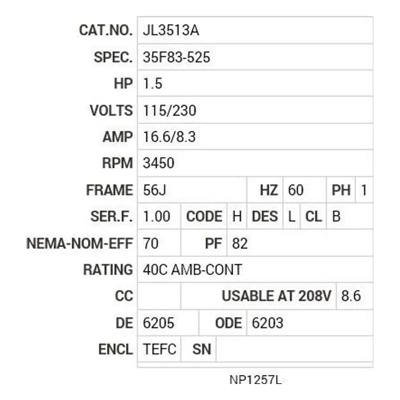 JL3513A Baldor 1.5 HP, 3450 RPM, 1 PH, 60 HZ, 56J, 3528L, TEFC, F1 Motor Nameplate - view 2