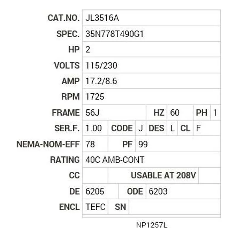 JL3516A Baldor 2 HP, 1725 RPM, 1 PH, 60 HZ, 56J, 3535LC, TEFC, F1 Motor Nameplate - view 2