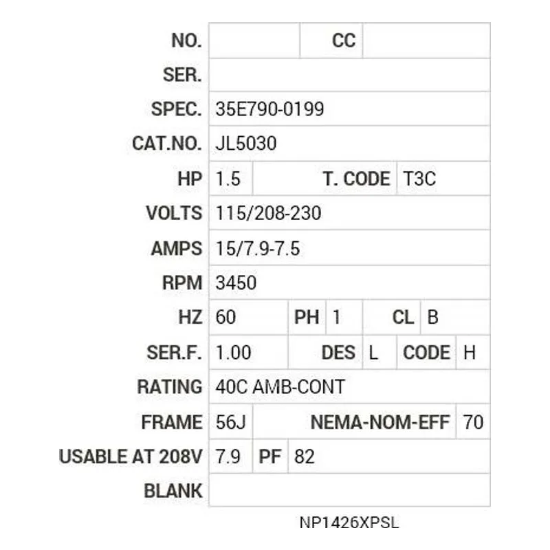 JL5030 Baldor 1.5 HP, 3450 RPM, 1 PH, 60 HZ, 56J, X3528L, XPFC Motor Nameplate - view 2