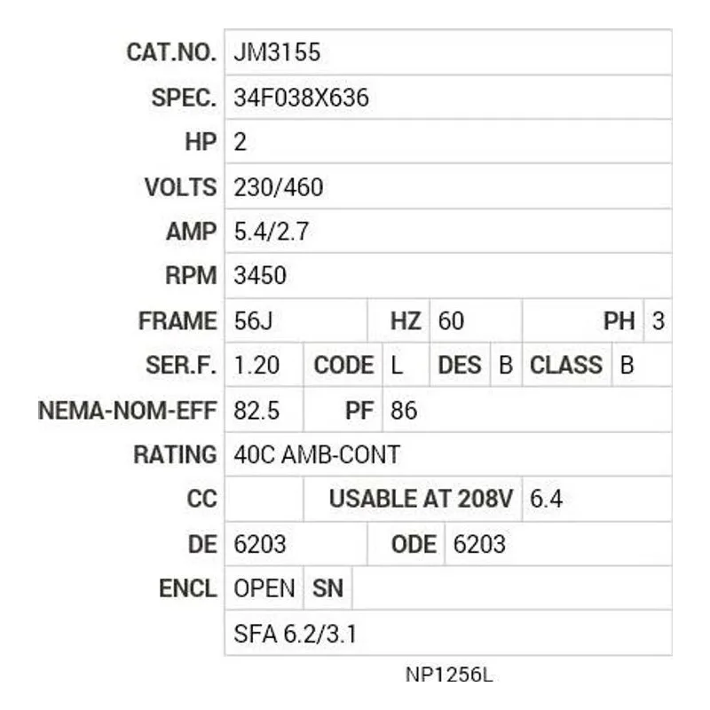 JM3155 Baldor 2 HP, 3450 RPM, 3 PH, 60 HZ, 56J, 3430M, OPEN, F1 Motor Nameplate - view 2