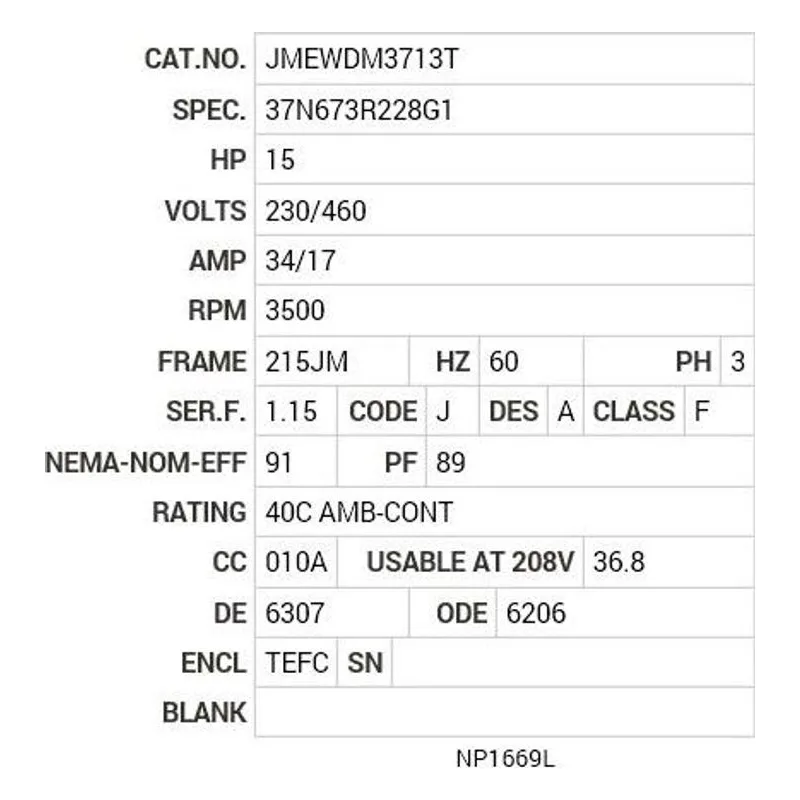 JMEWDM3713T Baldor 15 HP, 3500 RPM, 3 PH, 60 HZ, 215JM, 3752M, TEFC, F Motor Nameplate - view 2