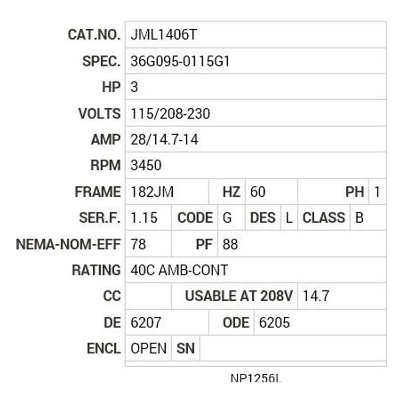 JML1406T Baldor 3 HP, 3450 RPM, 1 PH, 60 HZ, 182, JM, 3628L, OPEN, F Motor Nameplate - view 2