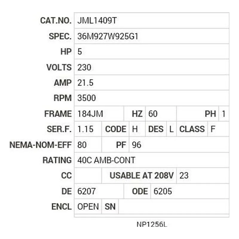 JML1409T Baldor 5 HP, 3500 RPM, 1 PH, 60 HZ, 184JM, 3634LC, OPEN, F Motor Nameplate - view 2