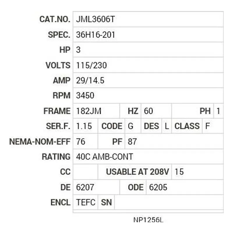 JML3606T Baldor 3 HP, 3450 RPM, 1 PH, 60 HZ, 182JM, 3634L, TEFC, F1 Motor Nameplate - view 2