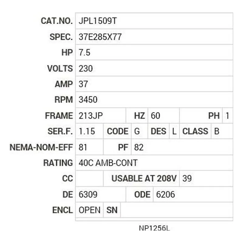 JPL1509T Baldor 7.5 HP, 3450 RPM, 1 PH, 60 HZ, 213JP, 3729L, OPEN Motor Nameplate - view 2