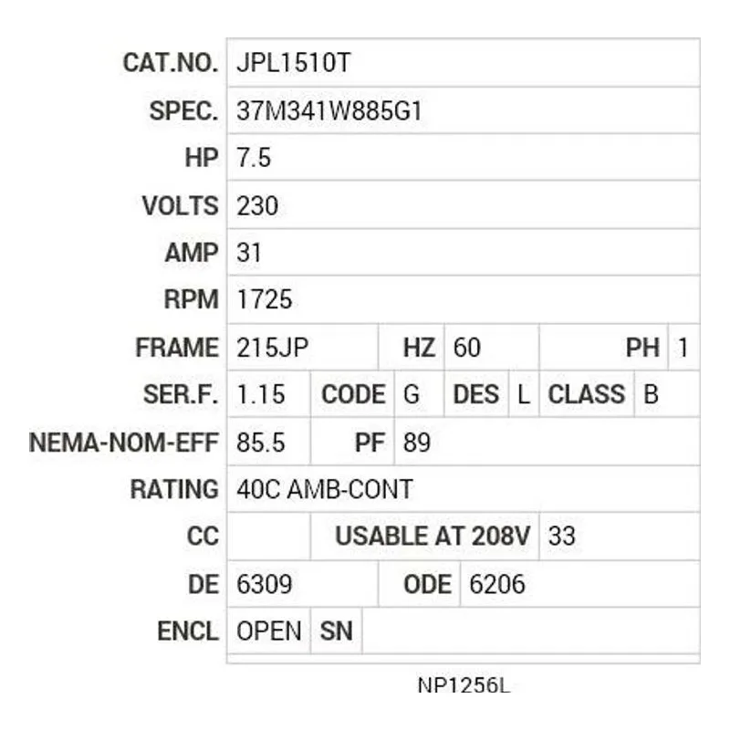 JPL1510T Baldor 7.5 HP, 1725 RPM, 1 PH, 60 HZ, 215JP, 3744LC, OPEN Motor Nameplate - view 2