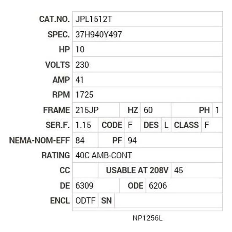 JPL1512T Baldor 10 HP, 1725 RPM, 1 PH, 60 HZ, 215JP, 3744LC, ODTF Motor Nameplate - view 2