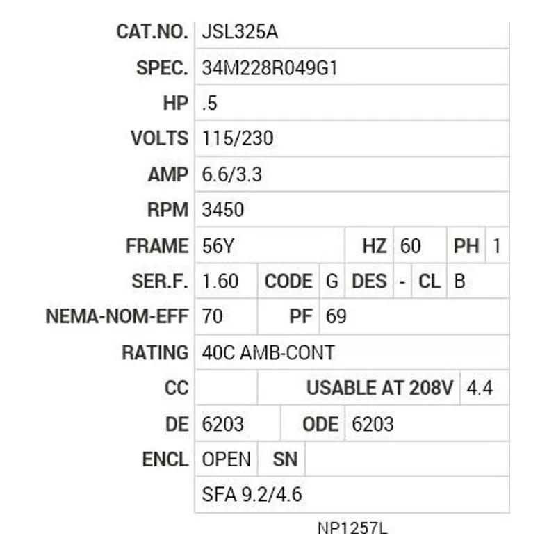 JSL325A Baldor .5 HP, 3450 RPM, 1 PH, 60 HZ, 56Y, 3416L, OPEN, F1 Motor Nameplate - view 2