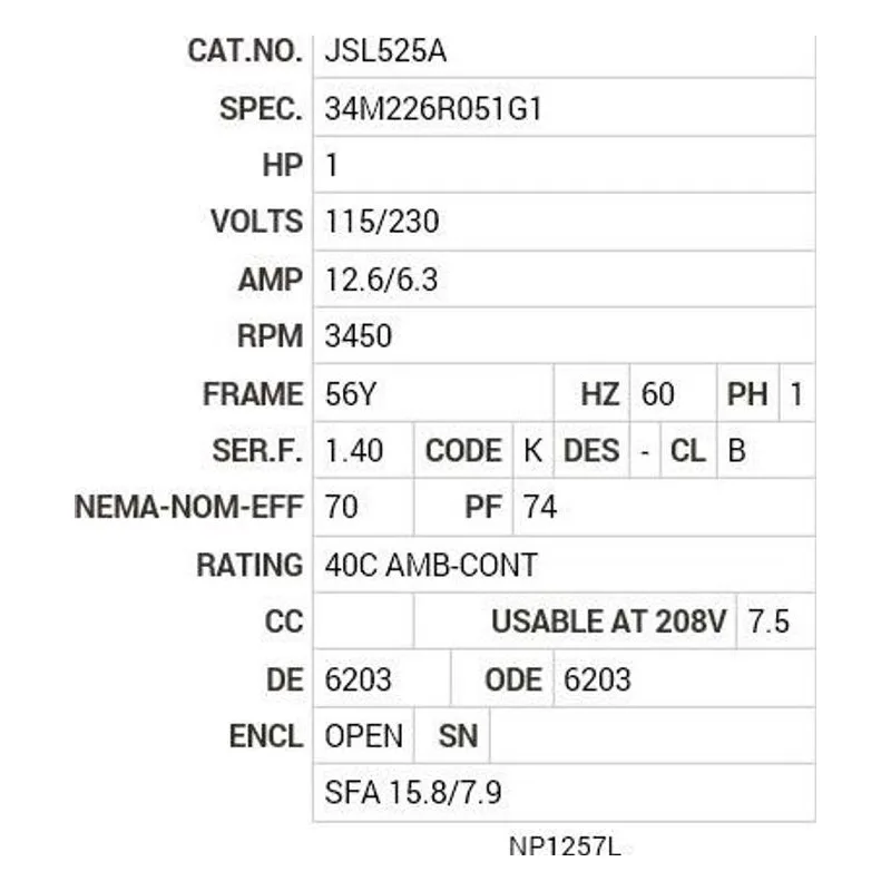 JSL525A Baldor 1 HP, 3450 RPM, 1 PH, 60 HZ, 56Y, 3424L, OPEN, F1, N Motor Nameplate - view 2