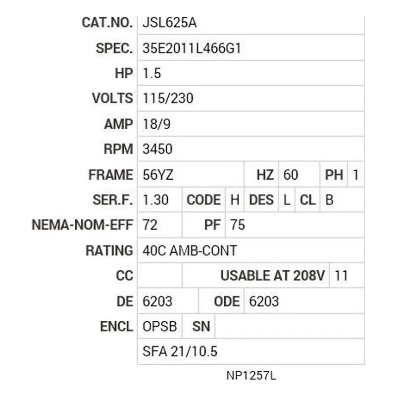 JSL625A Baldor 1.5 HP, 3450 RPM, 1 PH, 60 HZ, 56YZ, 3524L, OPSB, F Motor Nameplate - view 2