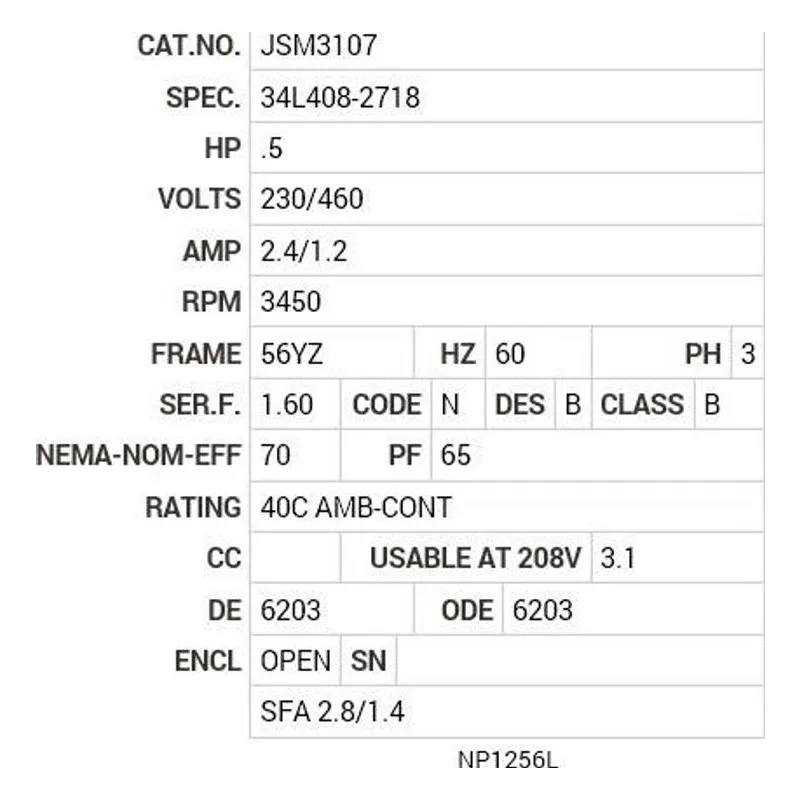 JSM3107 Baldor .5 HP, 3450 RPM, 3 PH, 60 HZ, 56YZ, 3413M, OPEN, F1 Motor Nameplate - view 2