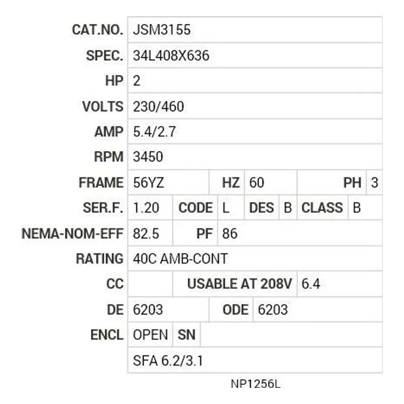 JSM3155 Baldor 2 HP, 3450 RPM, 3 PH, 60 HZ, 56YZ, 3430M, OPEN, F1 Motor Nameplate - view 2