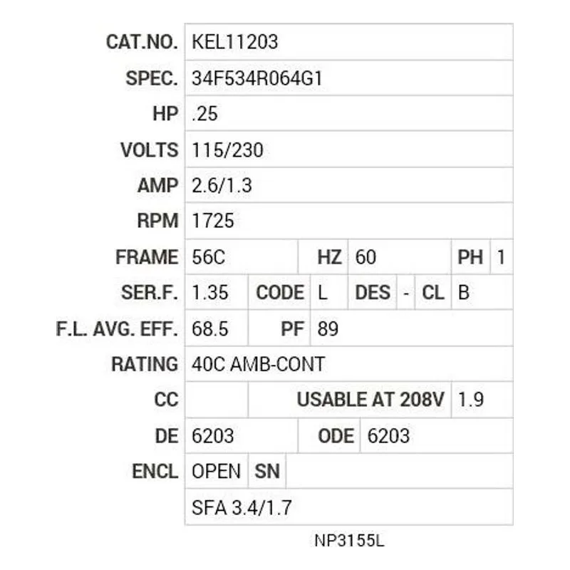 KEL11203 Baldor .25 HP, 1725 RPM, 1 PH, 60 HZ, 56C, 3411LC, OPEN, F Motor Nameplate - view 2