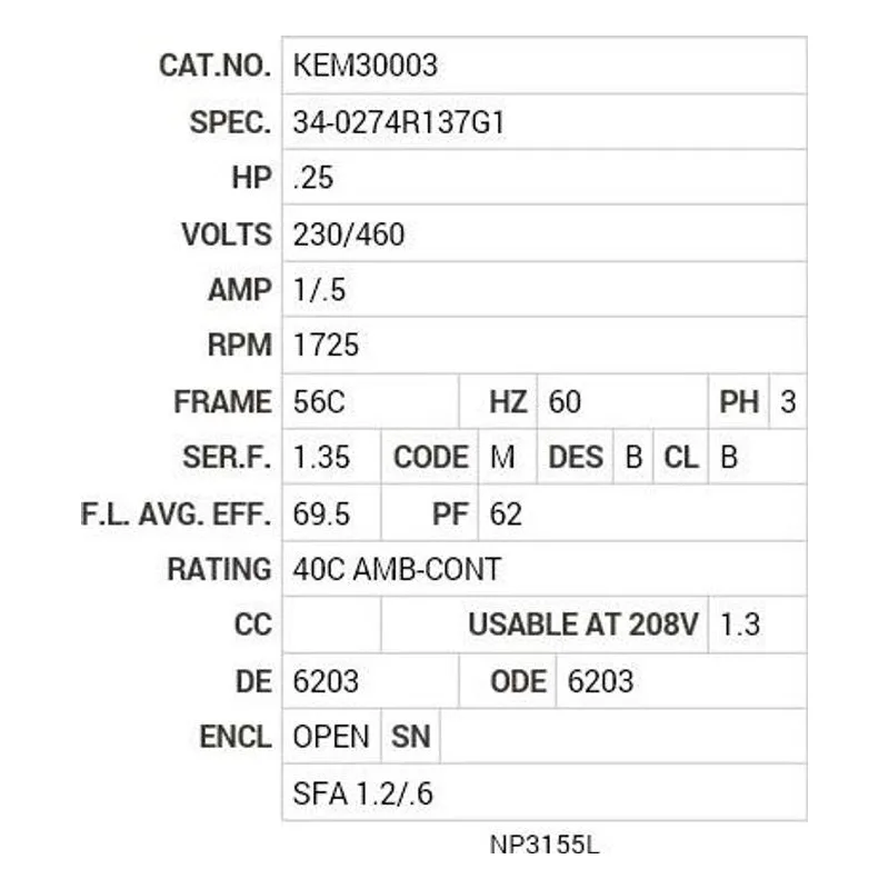 KEM30003 Baldor .25 HP, 1725 RPM, 3 PH, 60 HZ, 56C, 3413M, OPEN, F1 Motor Nameplate - view 2