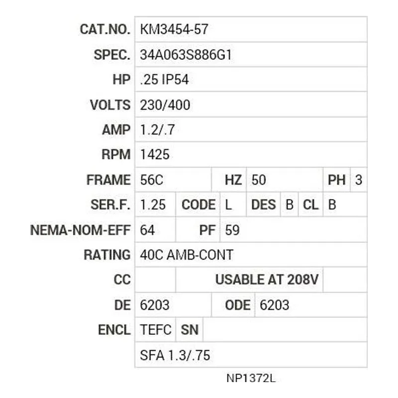KM3454-57 Baldor .25 HP, IP54, 1425 RPM, 3 PH, 50 HZ, 56C, 3410M Motor Nameplate - view 2