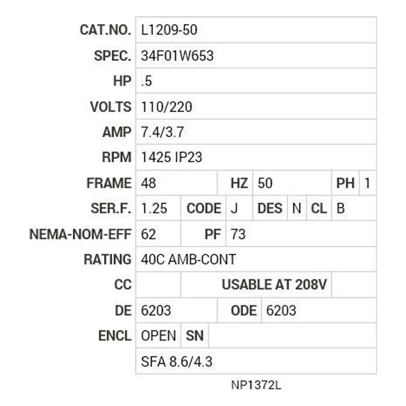 L1209-50 Baldor .5 HP, 1425 RPM, 1 PH, 50 HZ, 48, 3424L, OPEN, F1 Motor Nameplate - view 2