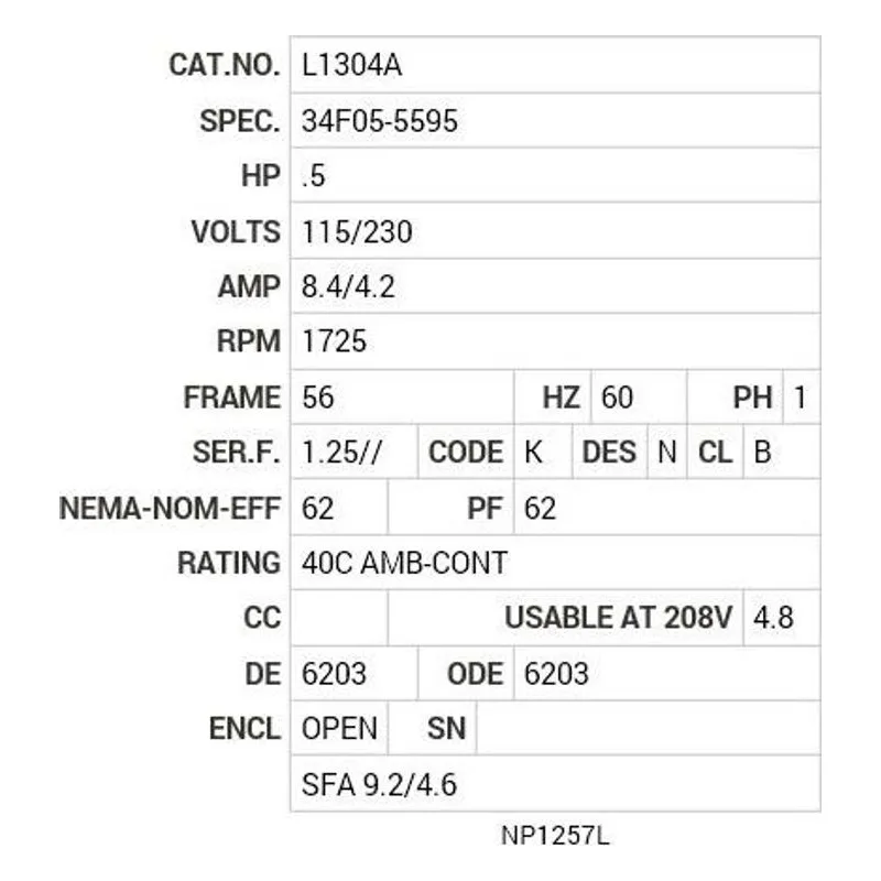 L1304A Baldor .5 HP, 1725 RPM, 1 PH, 60 HZ, 56, 3418L, OPEN, F1 Motor Nameplate - view 2