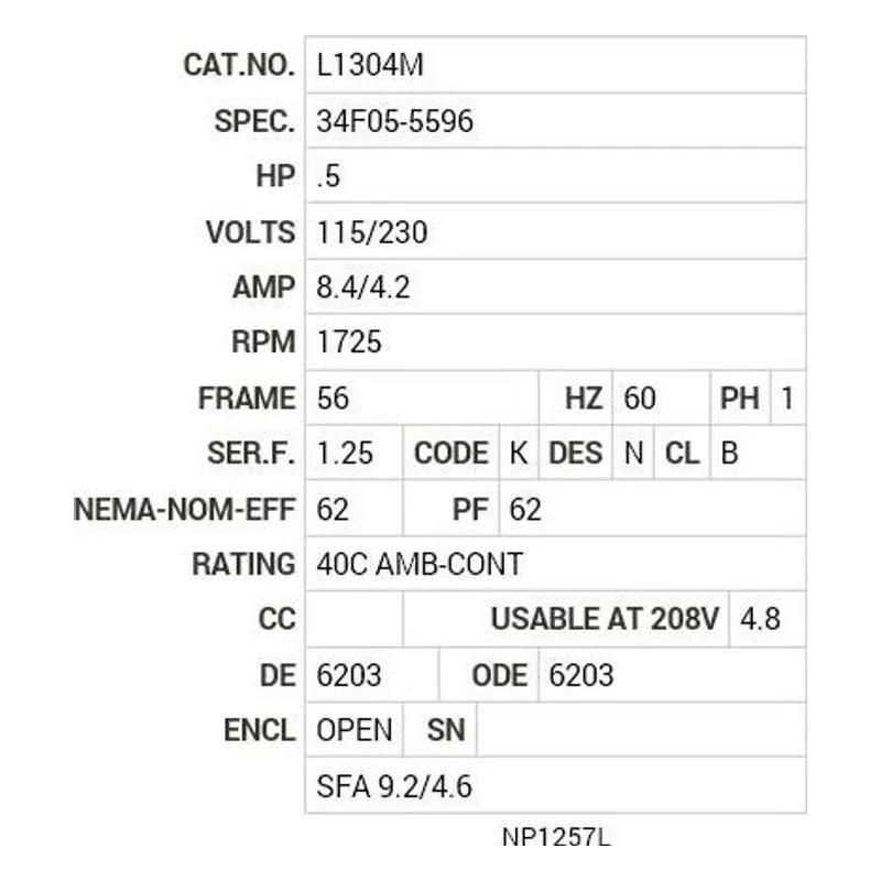 L1304M Baldor .5 HP, 1725 RPM, 1 PH, 60 HZ, 56, 3418L, OPEN, F1 Motor Nameplate - view 2