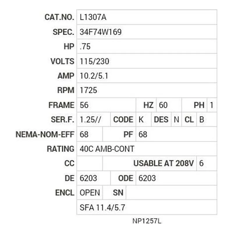L1307A Baldor .75 HP, 1725 RPM, 1 PH, 60 HZ, 56, 3428L, OPEN, F1 Motor Nameplate - view 2