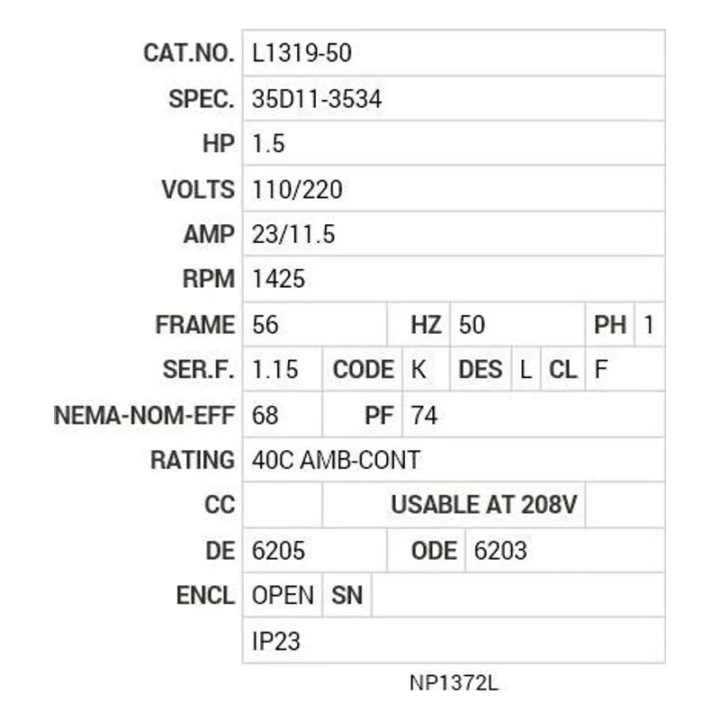 L1319-50 Baldor 1.5 HP, 1425 RPM, 1 PH, 50 HZ, 56, 3528L, OPEN, F1 Motor Nameplate - view 2