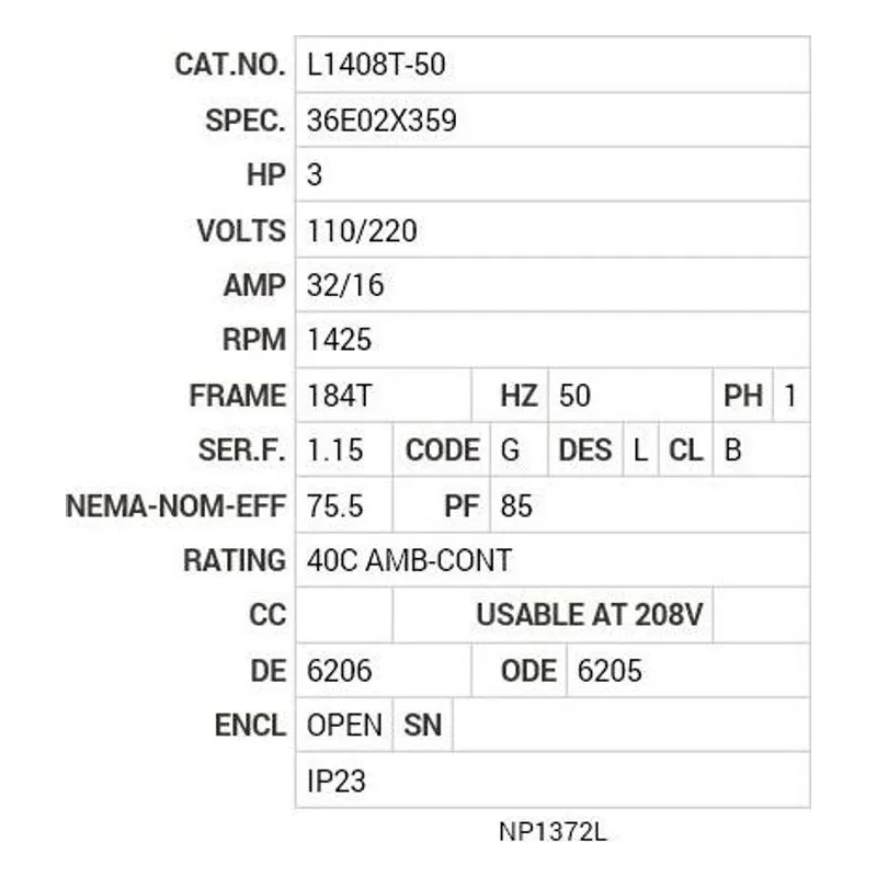 L1408T-50 Baldor 3 HP, 1425 RPM, 1 PH, 50 HZ, 184T, 3646LC, OPEN, F1 Motor Nameplate - view 2