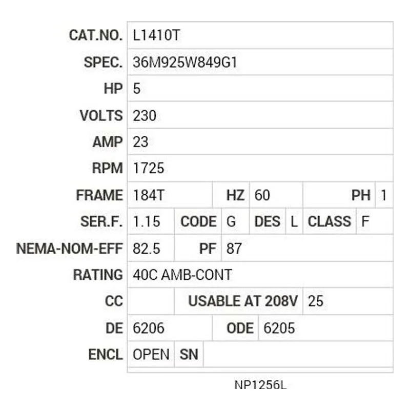 L1410T Baldor 5 HP, 1725 RPM, 1 PH, 60 HZ, 184T, 3640LC, OPEN, F1 Motor Nameplate - view 2
