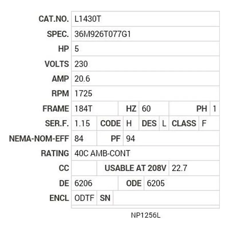 L1430T Baldor 5 HP, 1725 RPM, 1 PH, 60 HZ, 184T, 3634LC, ODTF, F1 Motor Nameplate - view 2