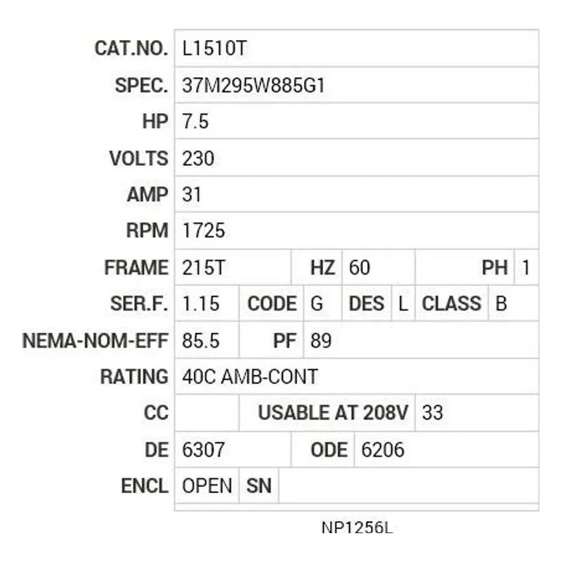 L1510T Baldor 7.5 HP, 1725 RPM, 1 PH, 60 HZ, 215T, 3744LC, OPEN Motor Nameplate - view 2