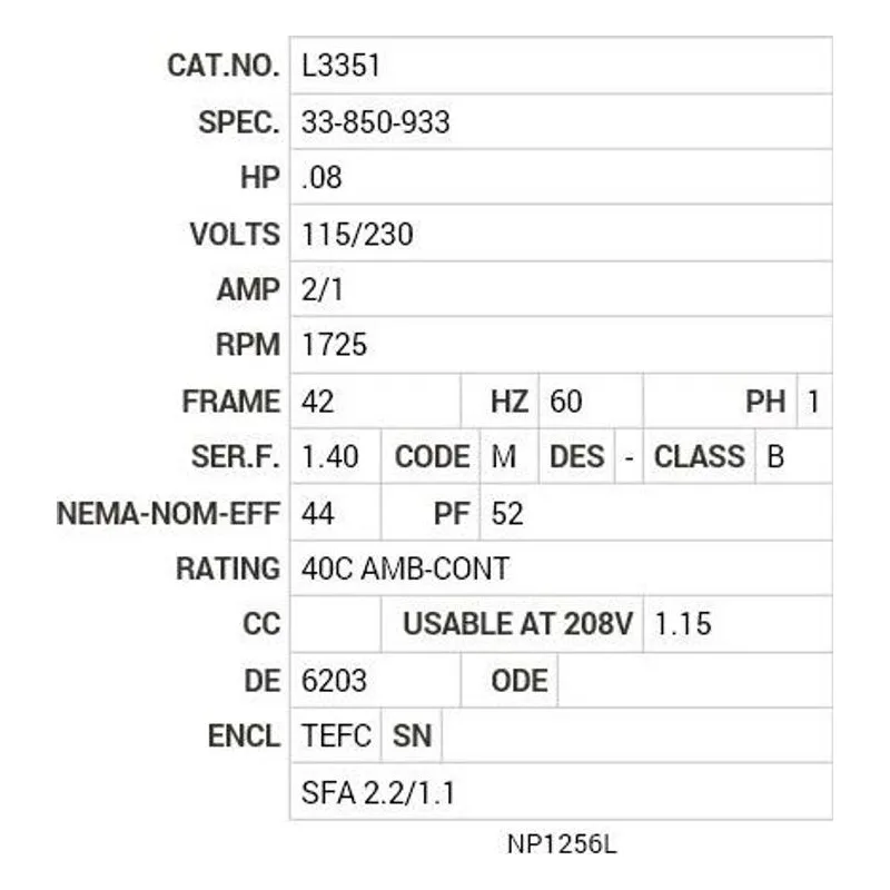 L3351 Baldor .08 HP, 1725 RPM, 1 PH, 60 HZ, 42, 3310L, TEFC, F1 Motor Nameplate - view 2