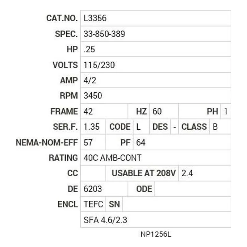 L3356 Baldor .25 HP, 3450 RPM, 1 PH, 60 HZ, 42, 3316L, TEFC, F1 Motor Nameplate - view 2