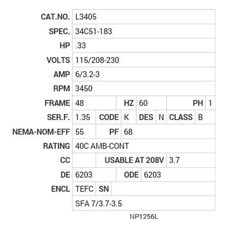 L3405 Baldor .33 HP, 3450 RPM, 1 PH, 60 HZ, 48, 3413L, TEFC, F1 Motor Nameplate - view 2