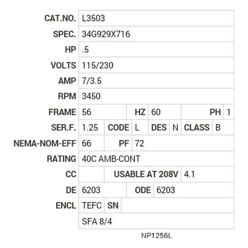 L3503 Baldor .5 HP, 3450 RPM, 1 PH, 60 HZ, 56, 3413L, TEFC, F1 Motor Nameplate - view 2