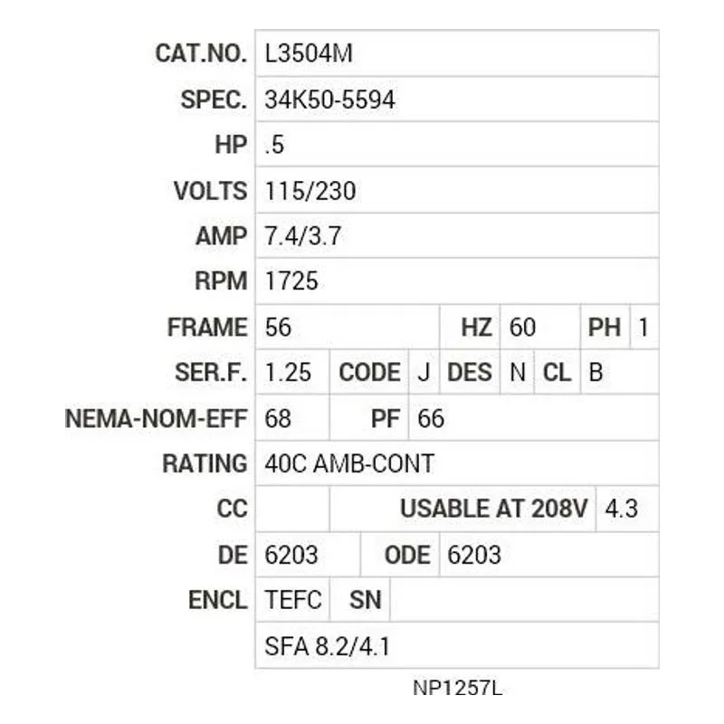 L3504M Baldor .5 HP, 1725 RPM, 1 PH, 60 HZ, 56, 3421L, TEFC, F1 Motor Nameplate - view 2