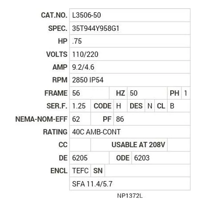 L3506-50 Baldor .75 HP, 2850 RPM, 1 PH, 50 HZ, 56, 3520L, TEFC, F1 Motor Nameplate - view 2