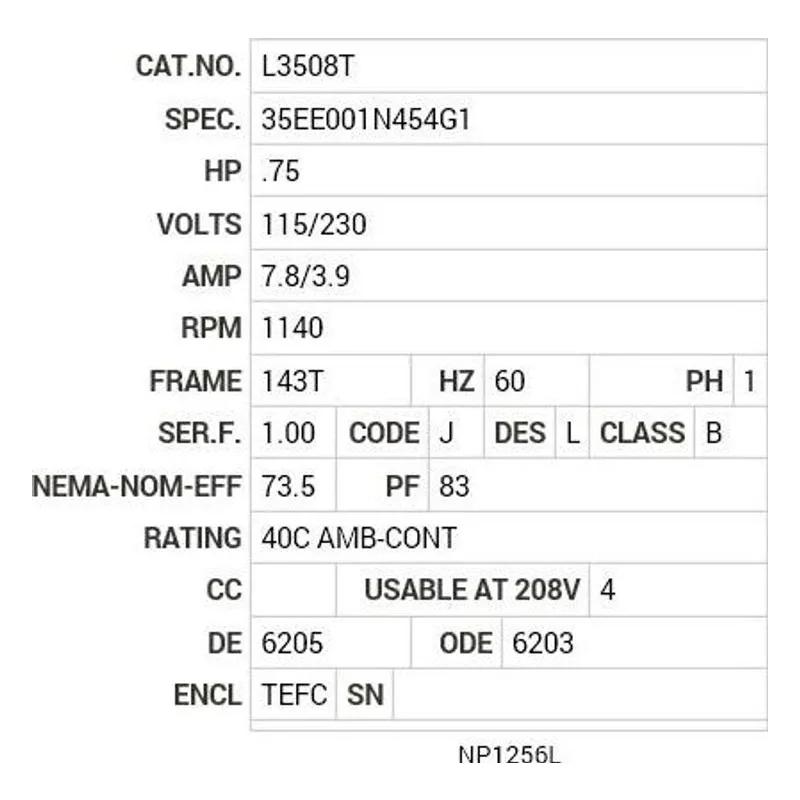 L3508T Baldor .75 HP, 1140 RPM, 1 PH, 60 HZ, 143T, 3528LC, TEFC Motor Nameplate - view 2