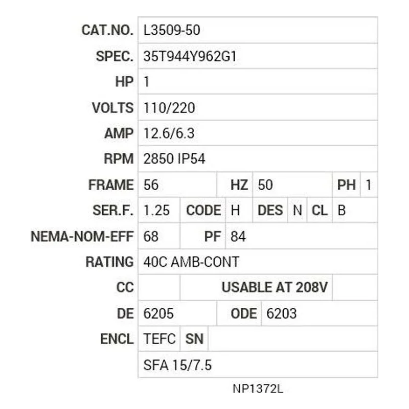 L3509-50 Baldor 1 HP, 2850 RPM, 1 PH, 50 HZ, 56, 3524L, TEFC, F1 Motor Nameplate - view 2